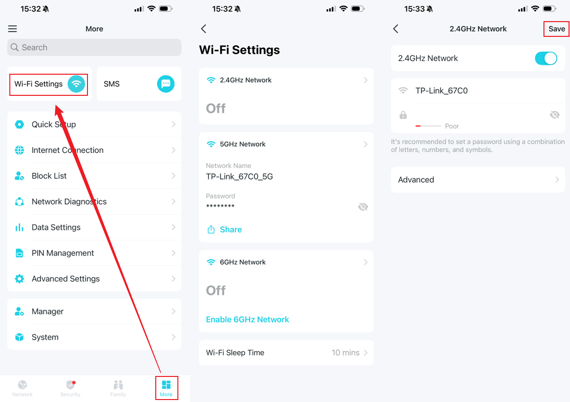 Tether app: step 1 tap More tab, step 2 tap Wi-Fi Settings, step 3 select 2.4GHz Network, step 4 edit settings and tap Save.