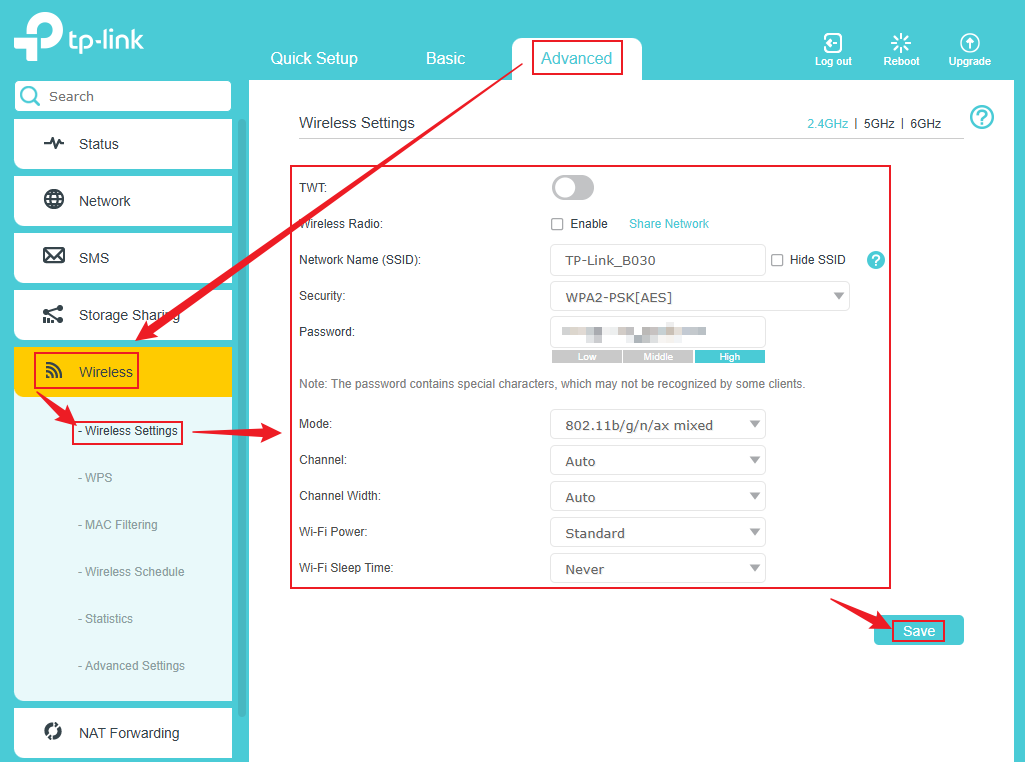 TP-Link router web interface showing Advanced > Wireless > Wireless Settings with SSID, security, mode, and channel fields highlighted, and Save button.