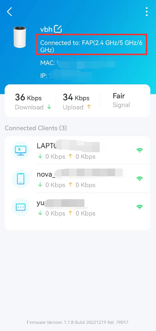 Deco app screenshot showing a satellite Deco's connection details with "Fair Signal" indicator and connected clients.