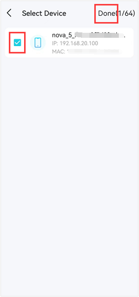 Deco Select Device screen with a device checkbox and Done button both highlighted in red.