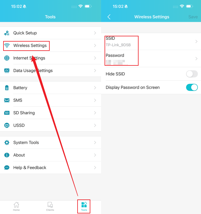 Tether app: step 1 tap Tools tab, step 2 tap Wireless Settings, step 3 view and edit SSID and password fields.