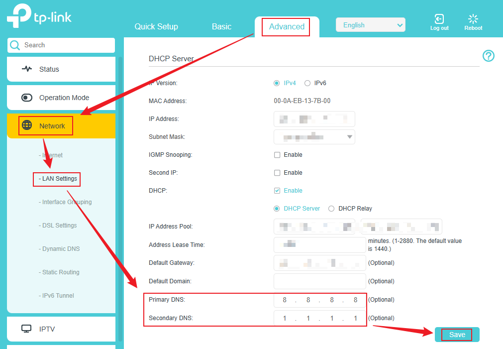 TP-Link DSL Modem Router web management page showing Primary DNS set to 8.8.8.8 and Secondary DNS set to 1.1.1.1 directly under Advanced > Network > LAN Settings, with the Save button highlighted.