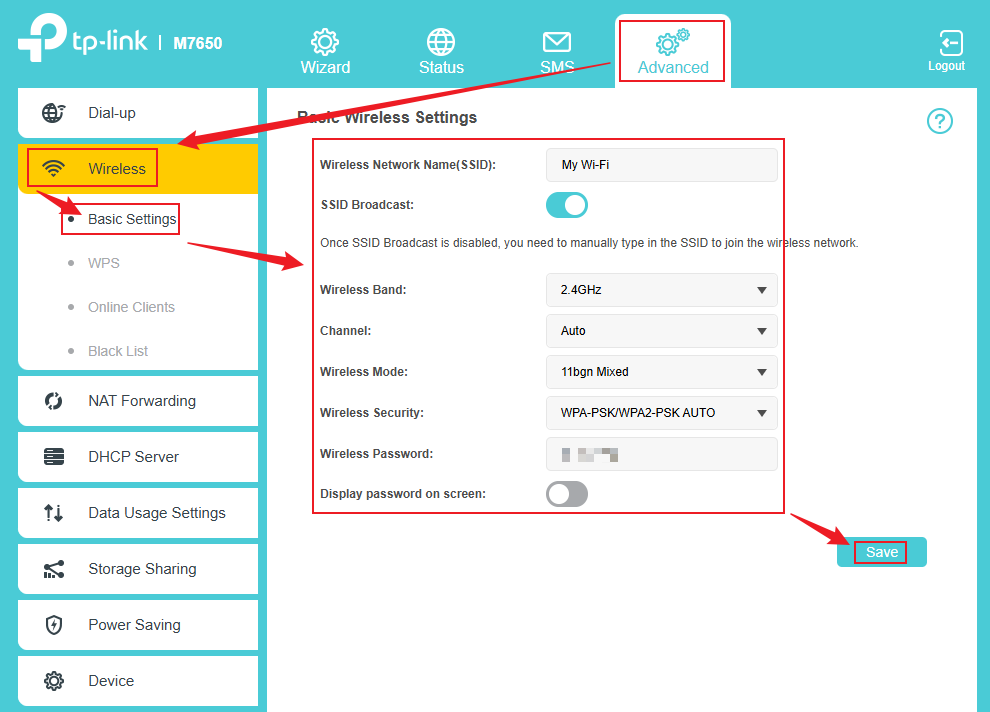 M7650 web interface: step 1 click Advanced, step 2 click Wireless > Basic Settings, step 3 edit wireless fields, step 4 click Save.