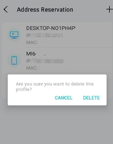 Deco Address Reservation screen showing a confirmation dialog to delete a profile.